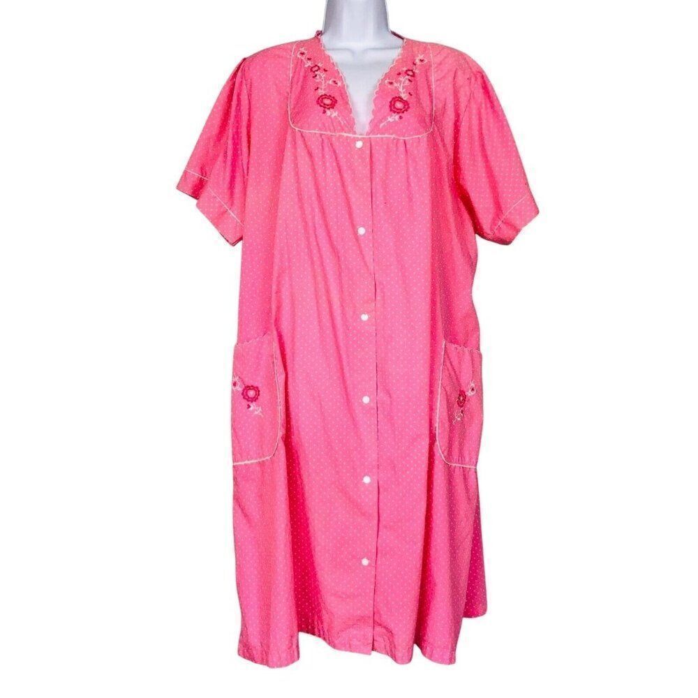 Vintage 80s Nite Mates Housecoat Womens Robe 2XL Pink White Polka Dot